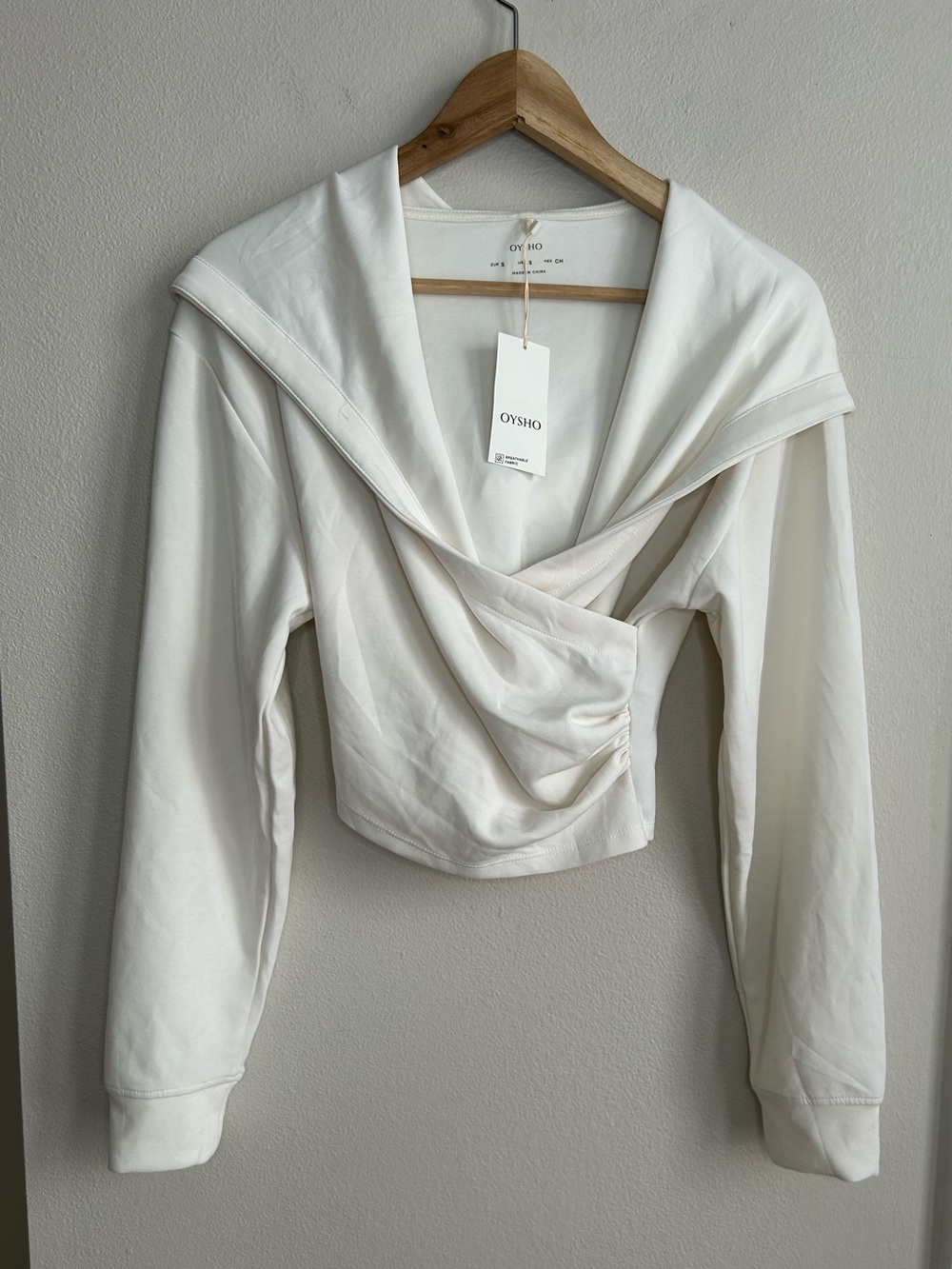 NWT Oysho White Draped Wrap Long Sleeve Cropped Modal Hoodie Sweatshirt Size S